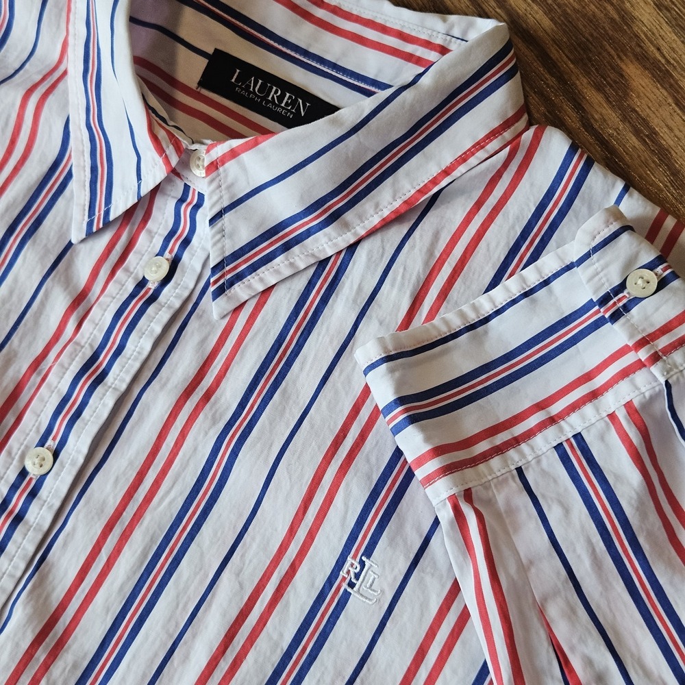 Ralph Lauren Women XXL Cotton Stripe Dress Shirt Blue White Button USA Patriotic